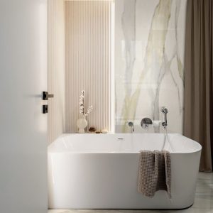 Modern bright bathroom with lamella wall. Big white bath with silver faucet and brown towel.